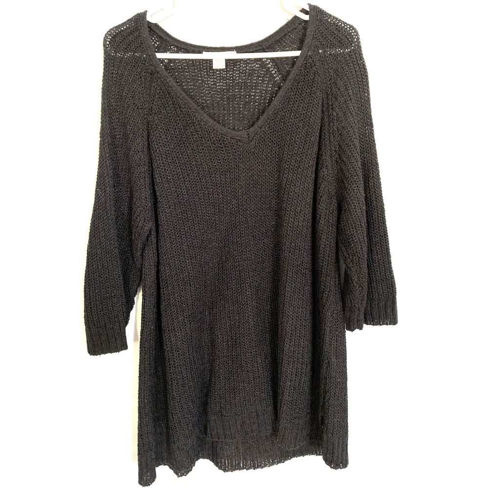 Coldwater Creek Sweater Women 2X Black V Neck Tunic 3/4 Raglan Sleeve Loose Knit
